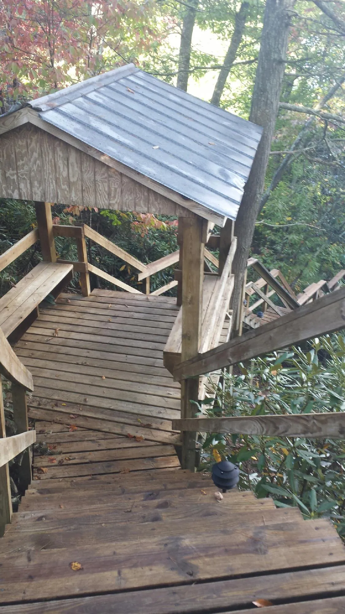Metal roofed shelter over wooden steps on a wooded walkway — Skylight Repair & Installation work by our crew in Jerseyville
